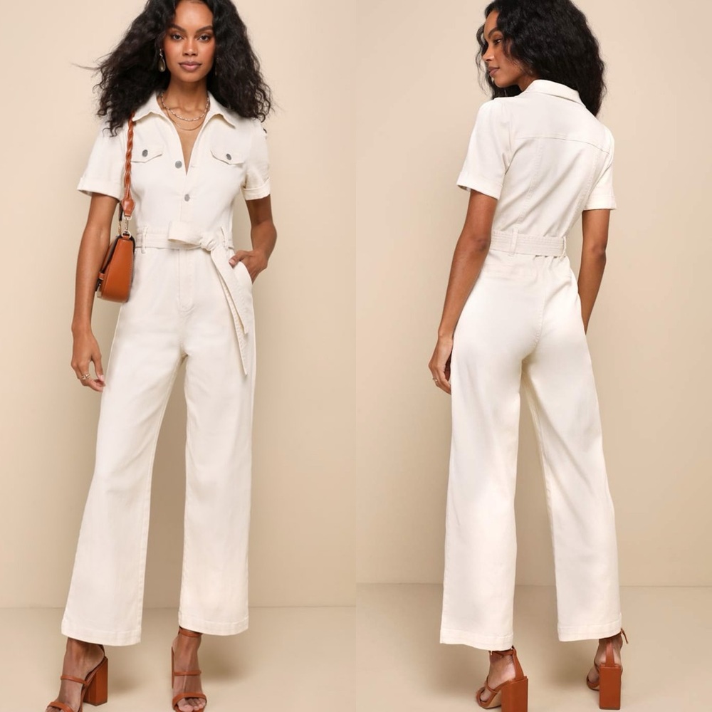 Lulus | Practical Perfection Ivory Twill Short Sleeve Jumpsuit
